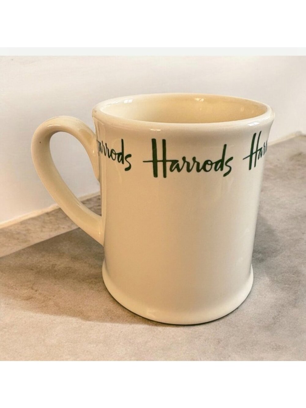 Vintage 1980s Harrods Knightsbridge Cream With Green Script Stoneware Mug 10 oz